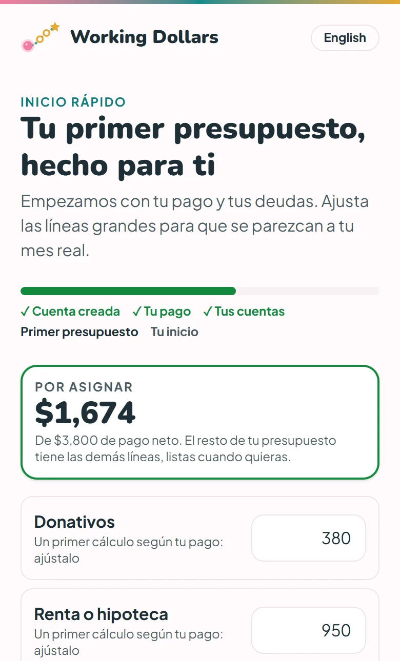 Pantalla de ejemplo: tu primer presupuesto, hecho para ti, con $1,674 por asignar de $3,800 de pago neto