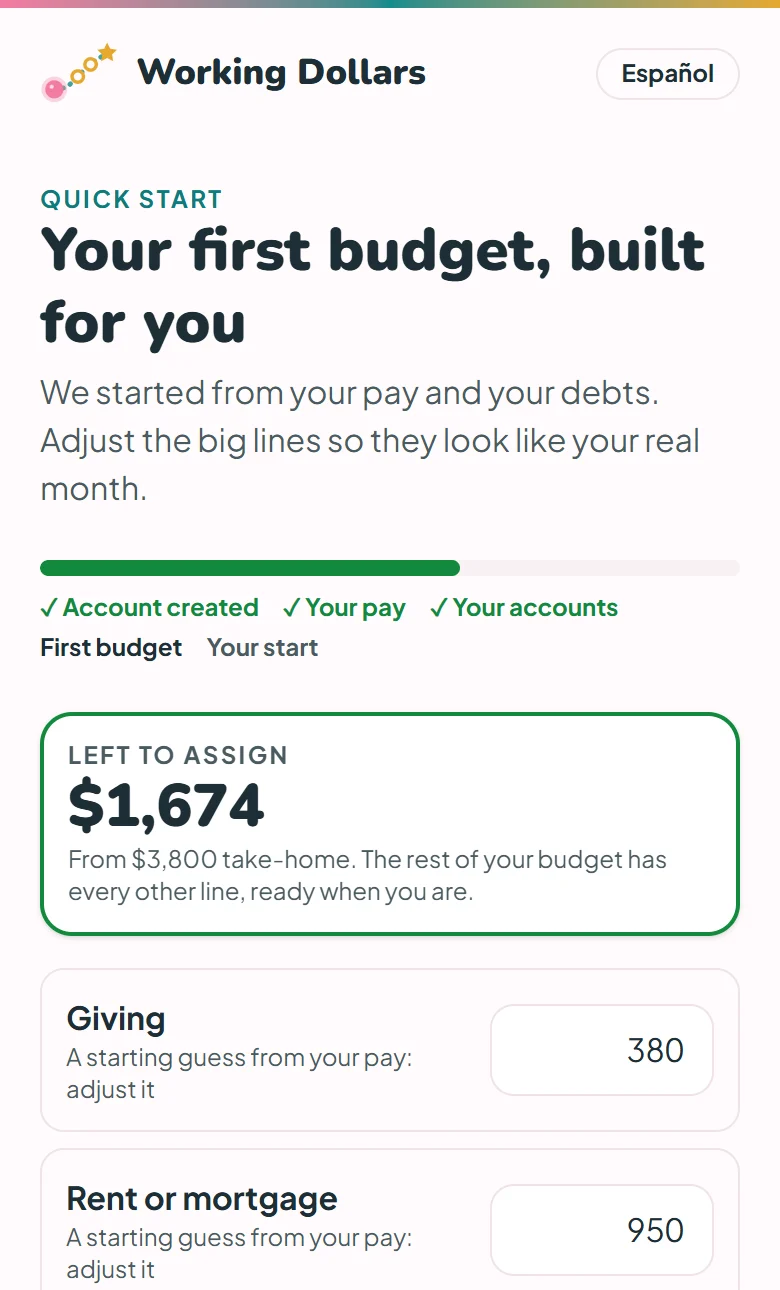 Sample screen: your first budget, built for you, with $1,674 left to assign from $3,800 take-home pay