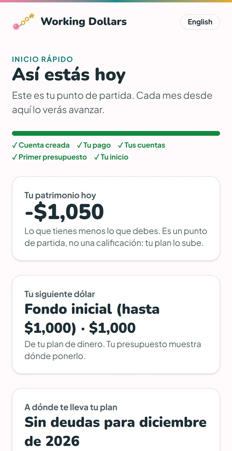 Pantalla de ejemplo: así estás hoy, con tu patrimonio, tu siguiente dólar y una fecha para quedar sin deudas