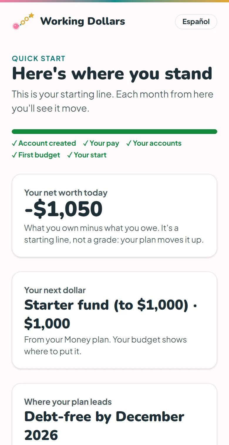Sample screen: here's where you stand, with net worth, your next dollar, and a debt-free date